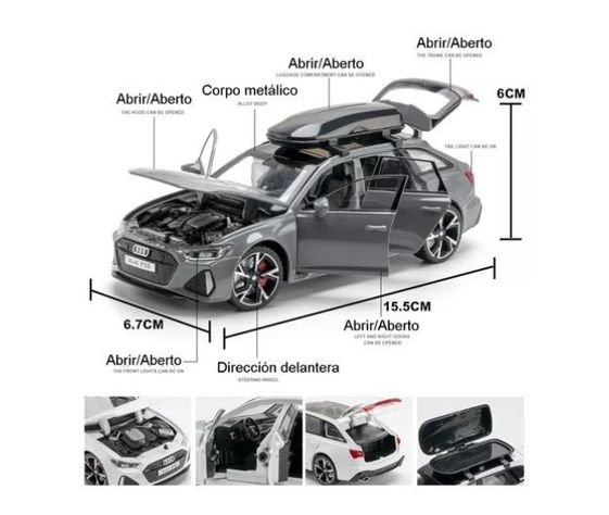 Audi Rs 6 Avant Miniatura Metal Coche Con Luz Y Sonido 1/32 Gris-1