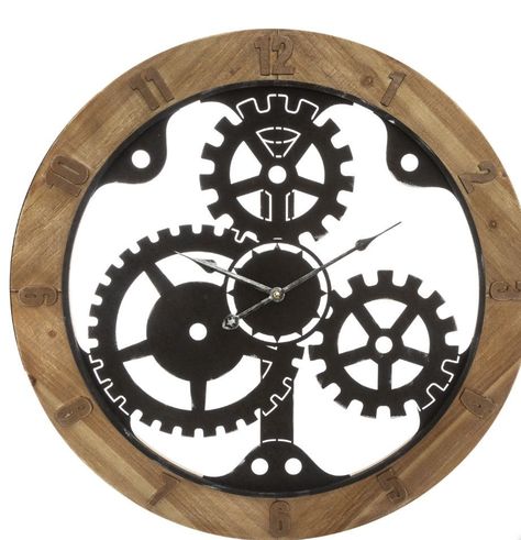 RELOJ PARED INDUSTRIAL CON ENGRANAJES NEGRO MADERA  60 CM-0