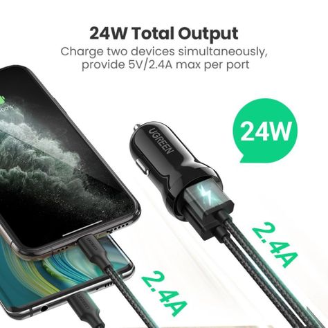 Cargador para automovil 24W 2xUSB-A ED018 Negro Ugreen-1