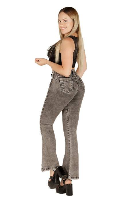 Jeans Flare Gris de Botones Mujer -1