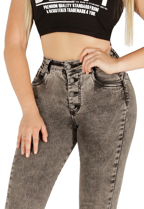 Jeans Flare Gris de Botones Mujer -2