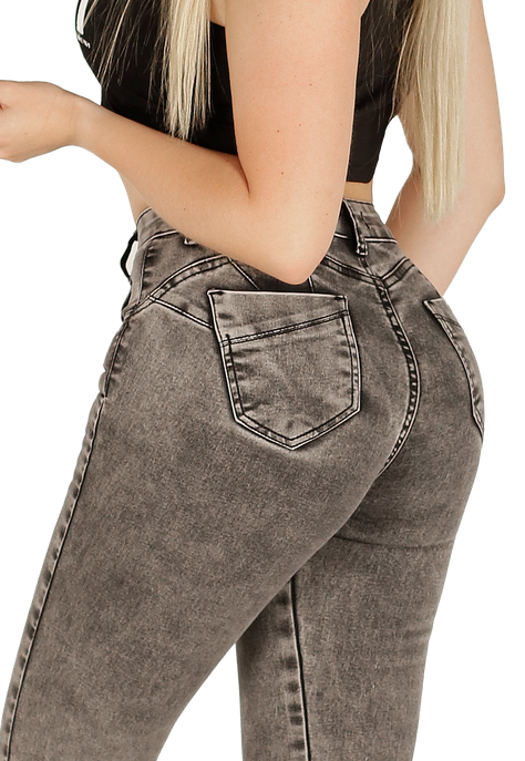 Jeans Flare Gris de Botones Mujer -3