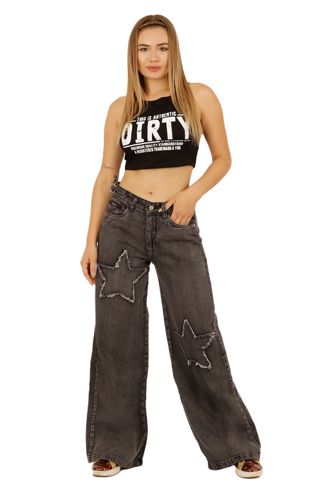 JEANS ANCHO GRIS CON UNA ESTRELLA MUJER JE3723G-0
