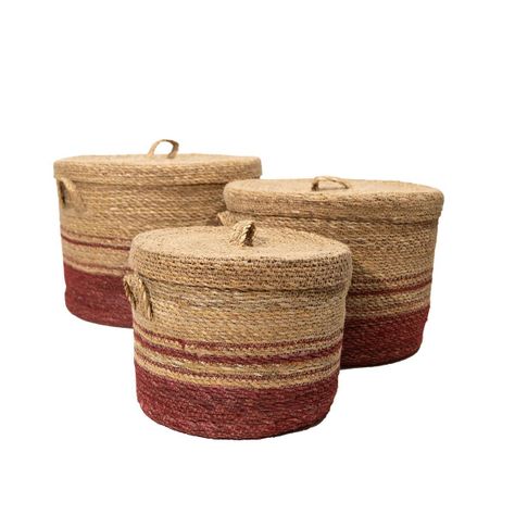 Set de 3 canastos Bandurria de fibra redondos con tapa-0