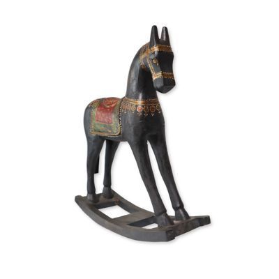 Caballo balancin madera de teca negro 42x11x50 cm-2