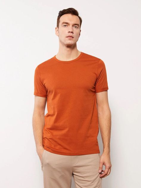 Polera Naranja Manga Corta Hombre Casual Cuello Redondo-0