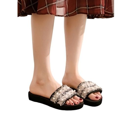 Sandalias Mujer Elegante Negro con Perlas -2