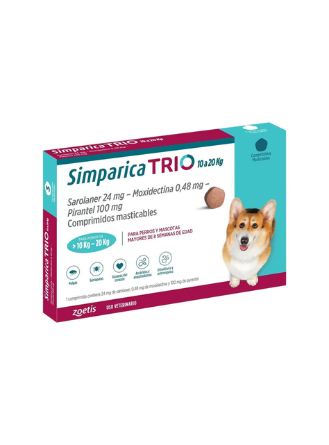 Simparica Trio Antiparasitario Interno y Externo 10 A 20 KG 3 Comprimidos-1