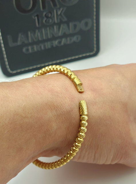 Brazalete Rígido Esferas de Oro Diamantadas con Cierre Click Oro Laminada 18k-5