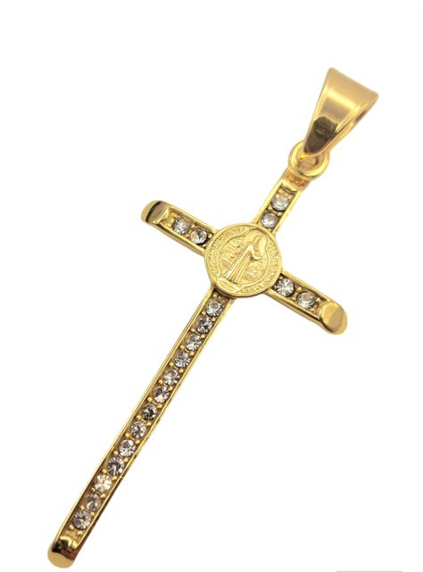 Cruz de Protección San Benito de Oro Laminado con Brillantes -0