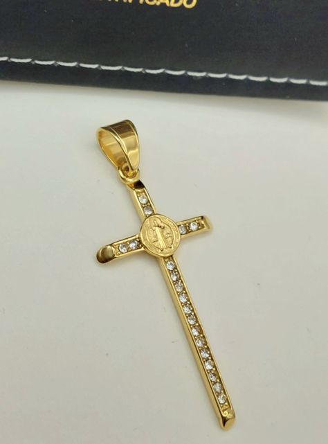 Cruz de Protección San Benito de Oro Laminado con Brillantes -5