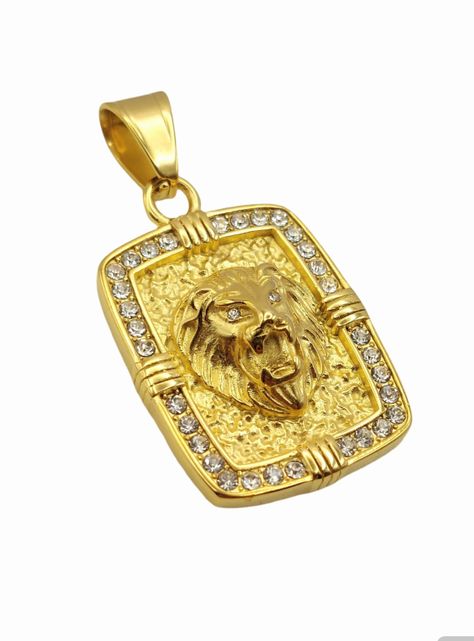 Colgante Oro Laminado de Placa con Rostro Candado León con Brillantes-0