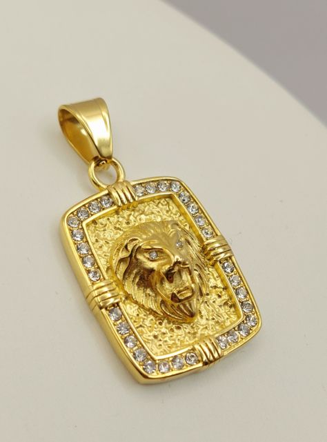 Colgante Oro Laminado de Placa con Rostro Candado León con Brillantes-3