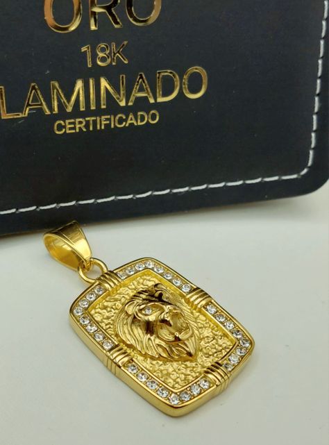 Colgante Oro Laminado de Placa con Rostro Candado León con Brillantes-5