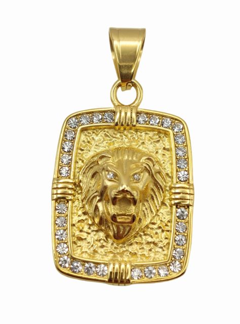 Colgante Oro Laminado de Placa con Rostro Candado León con Brillantes-6