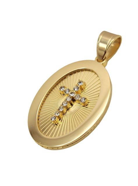 Medalla de Oro Laminado con Dije Ovalado con Cruz de Brillantes -0