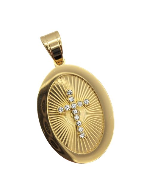 Medalla de Oro Laminado con Dije Ovalado con Cruz de Brillantes -2