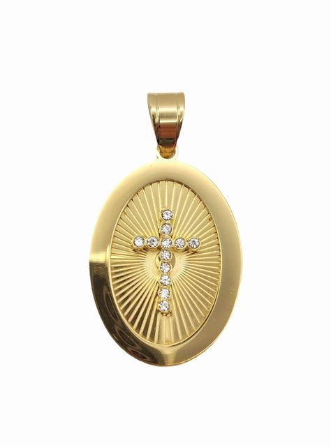 Medalla de Oro Laminado con Dije Ovalado con Cruz de Brillantes -5