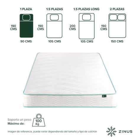 Colchón Zinus 1 Plaza Long  90x200x15cm de Resortes Bonell-1
