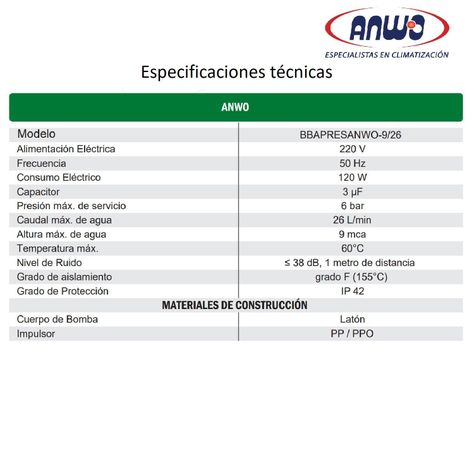 Bomba Presurizadora Anwo para calefones BBAPRESANWO-9/26-4