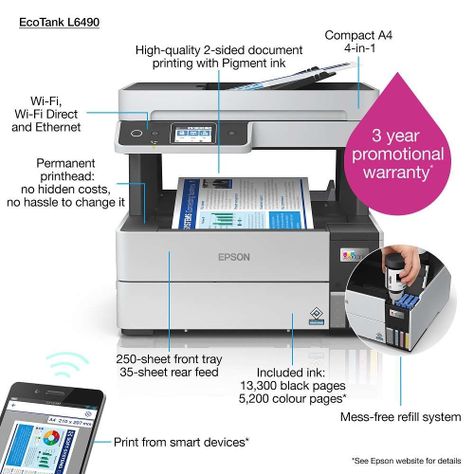 Impresora A Color Multifuncional Epson L6490 WIFi Dúplex ADF-4