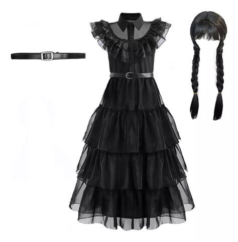 Disfraces Vestido + Peluca Merlina Adams Para Niñas-0