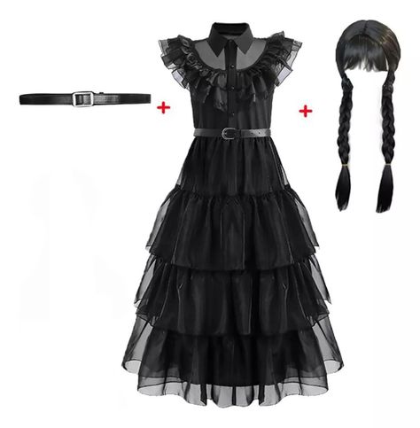 Disfraces Vestido + Peluca Merlina Adams Para Niñas-1