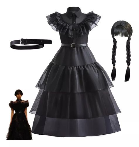 Disfraces Vestido + Peluca Merlina Adams Para Niñas-2