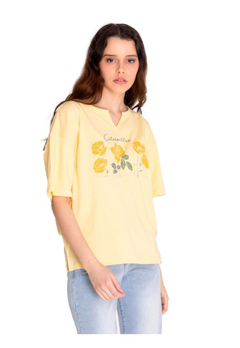 Polera Manga Corta Mujer Notch Neck Novelt Amarillo-0