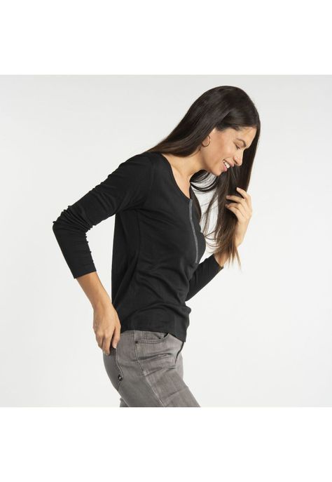 Polera Manga Larga  Mujer W Fdtn Modal Henley Negro-1