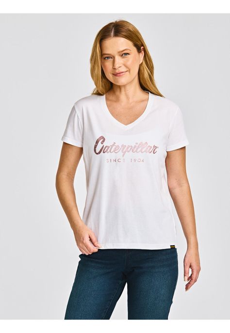 Polera cuello en V Manga Corta Mujer Script Blanco-0