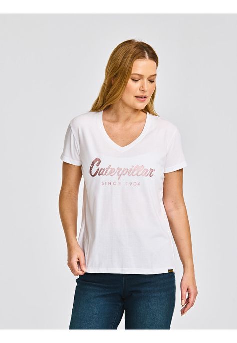 Polera cuello en V Manga Corta Mujer Script Blanco-1