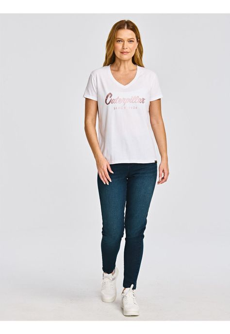 Polera cuello en V Manga Corta Mujer Script Blanco-5