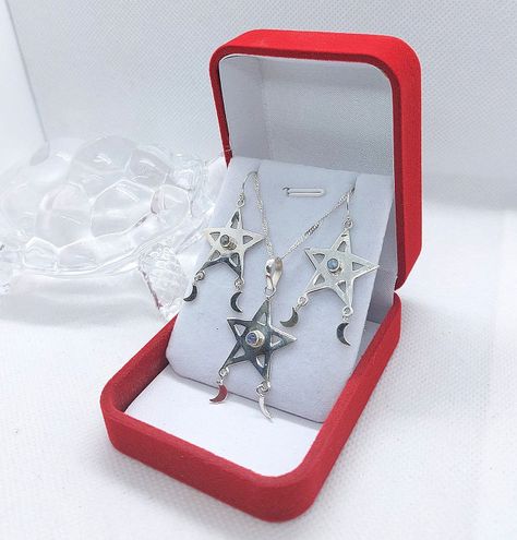 Conjunto con Piedra Luna estrellas Plata Ley 925 - Joyería Hermosi-0