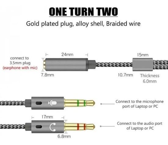 Adaptador Audio Micrófono 2 Aux Macho A 1 Aux Hembra 3.5mm-2