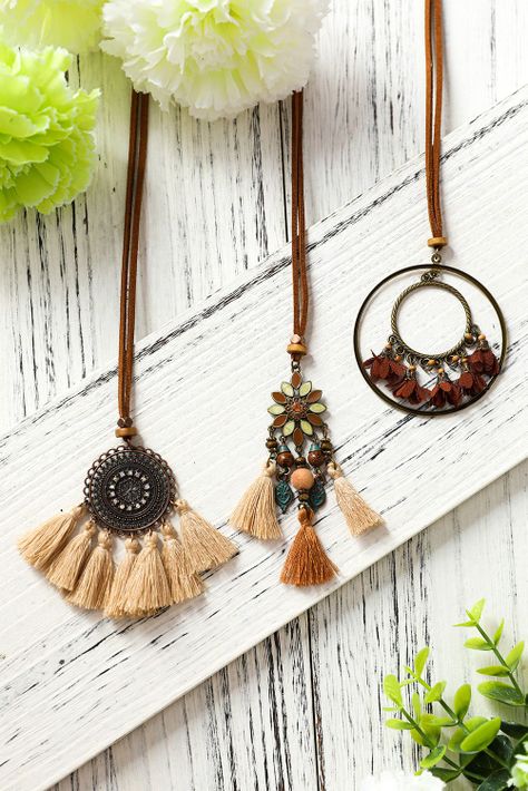 Collar 3 Piezas con colgante borlas retro bohemio Gloriahoon-4