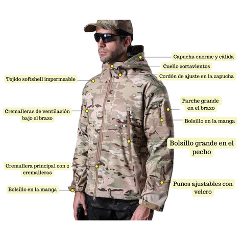 Chaqueta Softshell Tactica Verde Militar Con Capucha Impermeable -3