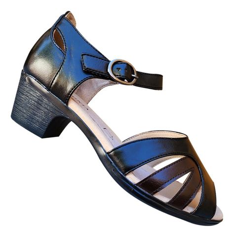 Sandalia Mujer Con Talon Y Hebilla Taco Cuadrado Negro 7472-0