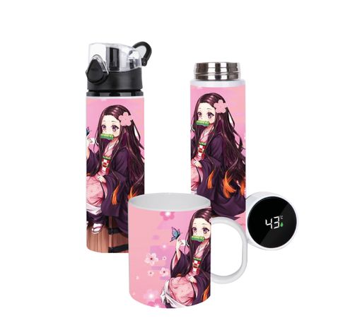 SET DISEÑO NEZUKO  KIMETSU NO YAIBA  BOTELLA, TERMO , TAZÓN-0
