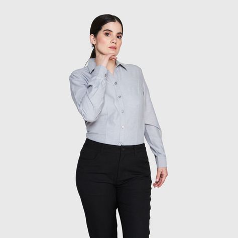 Blusa Oxford Cuello V M/L Gris oscuro-0