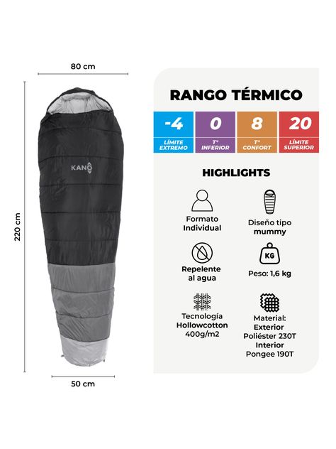 Saco de Dormir Kano Aconcagua  -4 / 0 / 8°C 1,6 Kg  Gris-1