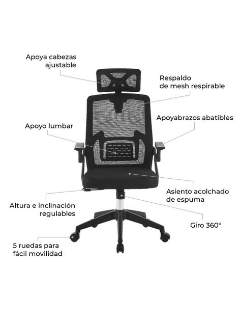 Silla de Escritorio con Cabezal Ergonomus Doha Negro-3