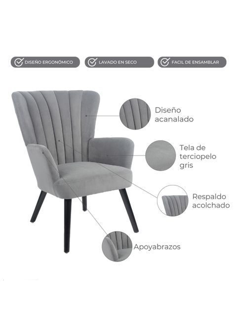 Sitial Acanalado Relan Azalia Poltrona de Terciopelo Gris-4