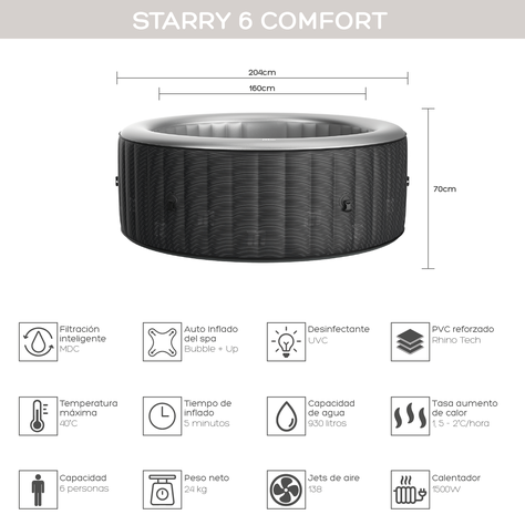 Hot Tub Inflable Starry Comfort Luz LED Para 6 Personas MSpa-2