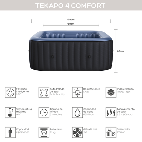 Hot Tub Inflable Spa Tekapo Comfort Para 4 Personas MSpa-2