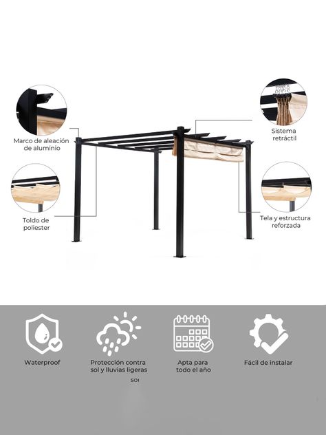 Pérgola Retráctil Relan Tipo Romana Gazebo Toldo 3x3 Mts-3