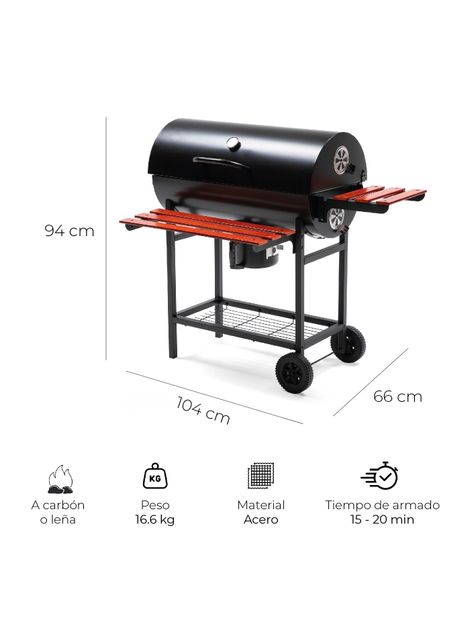 Parrilla Tambor a Carbón Relan BBQ WOOD con Tapa y Ruedas-1