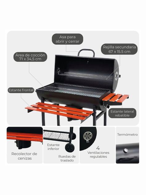 Parrilla Tambor a Carbón Relan BBQ WOOD con Tapa y Ruedas-2