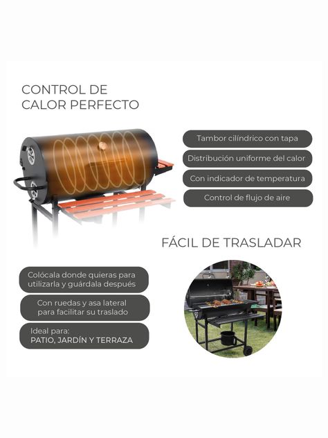 Parrilla Tambor a Carbón Relan BBQ WOOD con Tapa y Ruedas-3