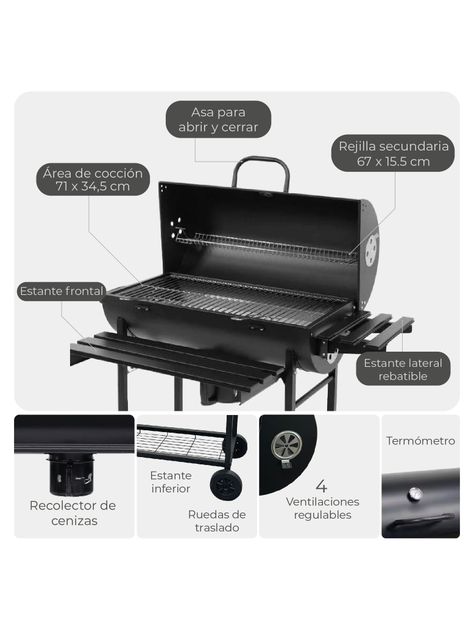 Parrilla Tambor a Carbón Relan BBQ Black con Tapa y Ruedas-3